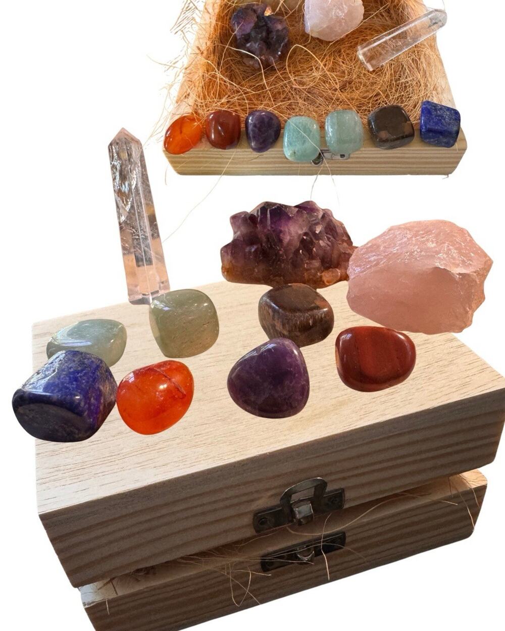 7 Chakra Crystal Healing Set with Wooden Gift Box Amethyst, Rose Quartz, Lapis